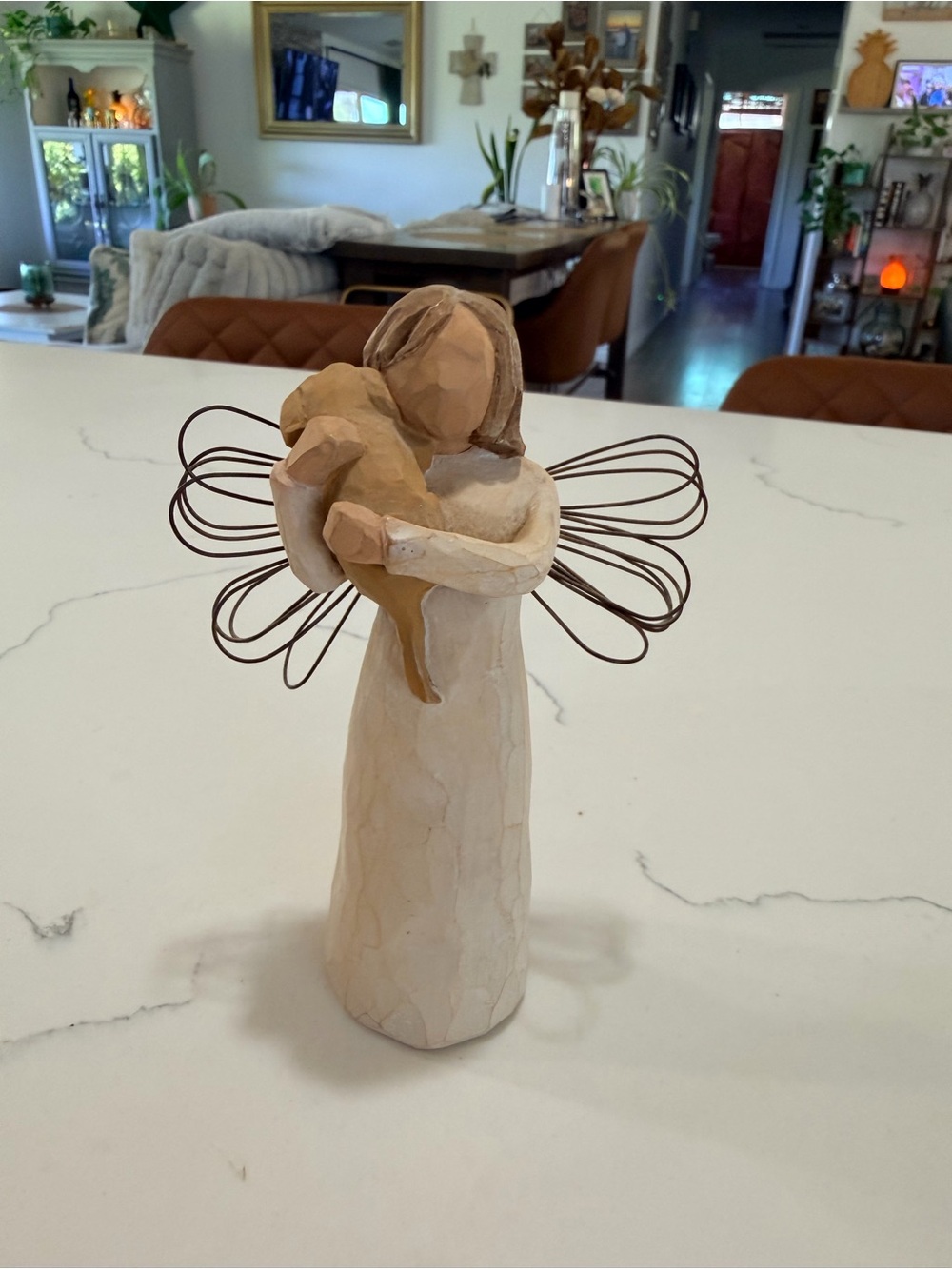 Willow Tree Beige Angel holding a dog with Brown Wire Wings
